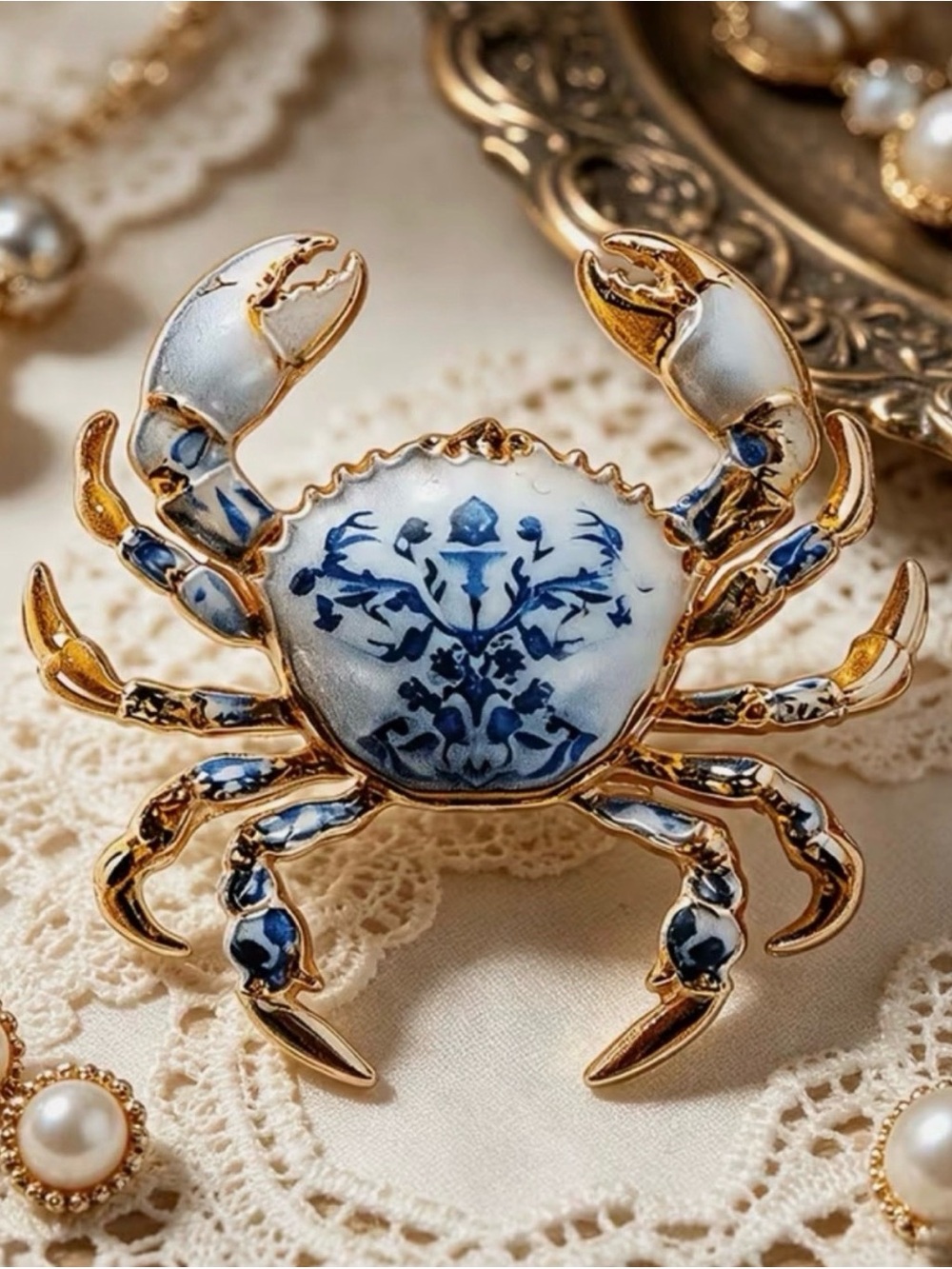 Blue & Gold Porcelain Crab Pin Brooch